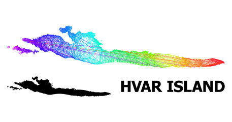Wire frame and solid map of Hvar Island. Vector structure is created from map of Hvar Island with intersected random lines, and has spectral gradient.