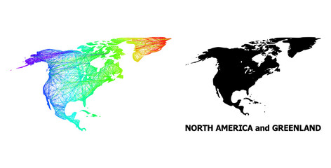 Wire frame and solid map of North America and Greenland. Vector structure is created from map of North America and Greenland with intersected random lines, and has spectral gradient.