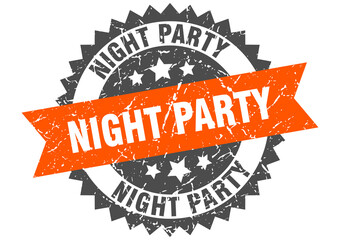 night party stamp. grunge round sign with ribbon