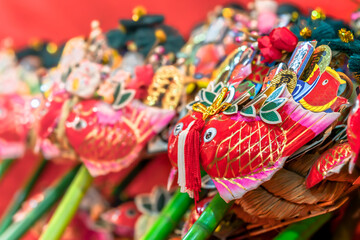 Auspicious rake or kisshō kumade ornated with Japanese folklore lucky charms like the sea bream...