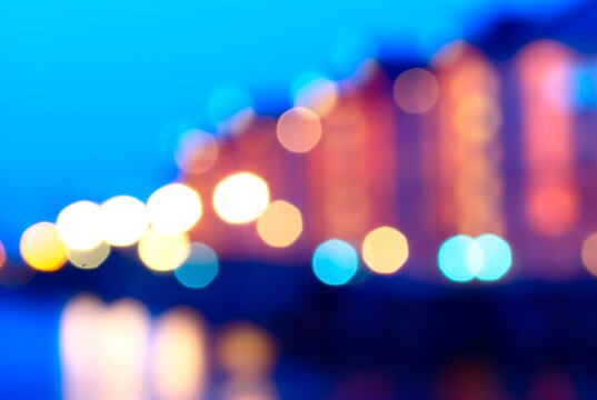 Abstract blurred photo of Hamburg's Speicherstadt district at dusk with bokeh lights