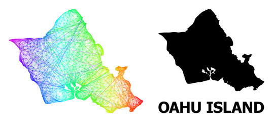 Network and solid map of Oahu Island. Vector model is created from map of Oahu Island with intersected random lines, and has bright spectral gradient. Abstract lines form map of Oahu Island.