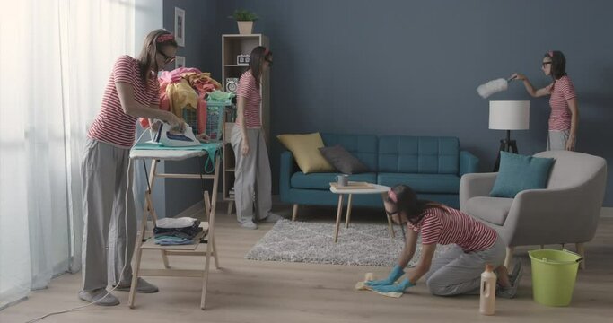 Efficient multitasking housewife doing chores at home