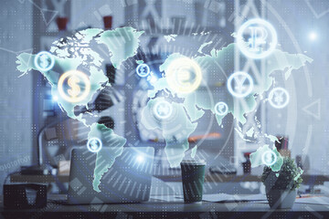 Double exposure of stock market graph drawing and office interior background. Concept of financial analysis.