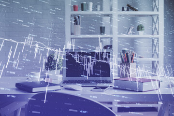 Double exposure of financial graph drawing and office interior background. Concept of stock market.