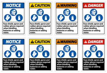 Face Shield, Apron And Rubber Gloves Required When Handling Batteries or Adding Water With PPE Symbols