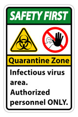 Safety First Quarantine Infectious Virus Area sign on white background
