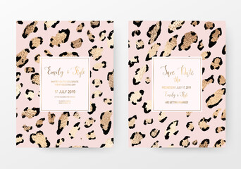 Fashionable leopard print invitation cards with gold texture. © NikaMooni