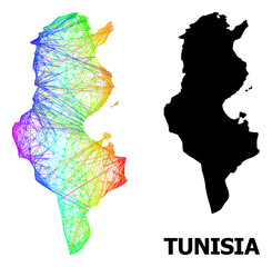 Net and solid map of Tunisia. Vector model is created from map of Tunisia with intersected random lines, and has spectral gradient. Abstract lines are combined into map of Tunisia.