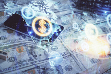 Double exposure of forex graph drawing over us dollars bill background. Concept of financial markets.