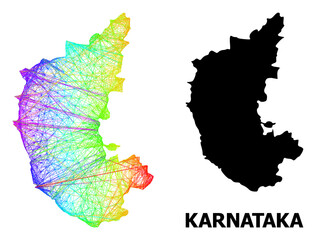 Net and solid map of Karnataka State. Vector structure is created from map of Karnataka State with intersected random lines, and has spectrum gradient. Abstract lines form map of Karnataka State.