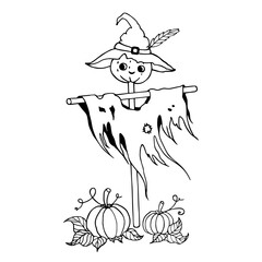 Cute Halloween scarecrow with pumpkins. Vector isolated outline hand-drawn illustration. Perfect for greeting cards, print and seasonal designs.