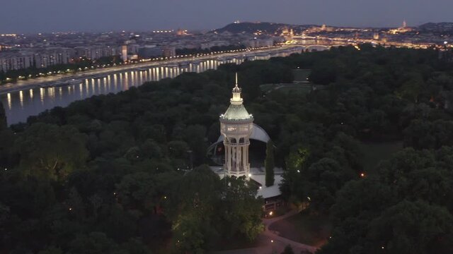 Hungary - Budapest - Margaret island with water tower from drone view