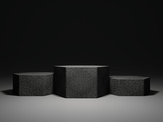 Winner podium mock up scene; hex shape stage for branding and presentation isolated on black background; dark hexagon stone pedestal for exhibition of products and goods; 3d rendering, 3d illustration