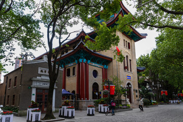 Hongde Temple or Fitch Memorial Church, built in Chinese style with upturned eaves on Duolun Road, a pedestrian and cultural celebrity street in Hongkou, Shanghai, China.