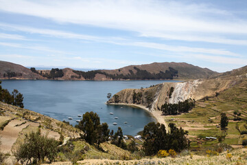 Houses on a hill on Isla Del Sol in Lake Titicaca