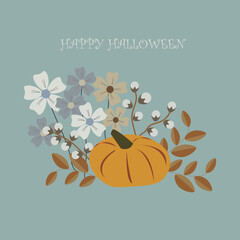Happy halloween lattering with flowers wild and pupkin and blue background.good for gretting card,invitation card.