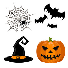 Fototapeta premium Set with pumpkin, spider web, bats and witch hat on white background. Halloween. For gift paper, textiles, clothes, social networks, wallpaper, prints, festive decor.