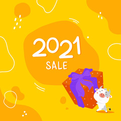 Christmas sale design template.2021 sale.Christmas banner.Xmas cute bull with giant gift and abstract background.New year design of poster, card, headers website.Vector cartoon illustration