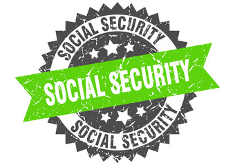 social security stamp. grunge round sign with ribbon