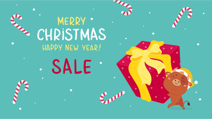 Christmas sale design template.Christmas banner.Xmas cute ox with giant gift and holiday candies on the background.New year design of poster, card, headers website.Vector cartoon illustration