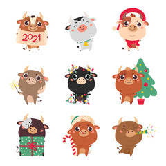 Set of cute cartoon bulls and cows.New year cattle with various festive attributes.Chinese new year 2021 symbol.Set of holiday animals for the design of calendars,cards,advertising.Vector illustration