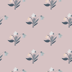 Seamless pattern with forest flower bouquet silhouettes. Navy blue botanic elements on pale pink background.