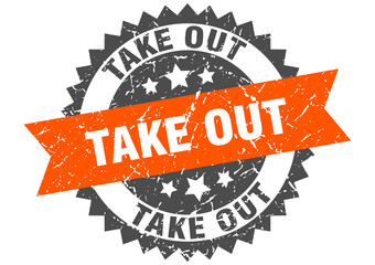 take out stamp. grunge round sign with ribbon