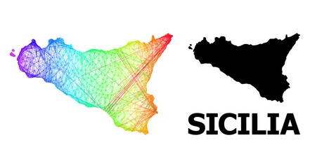 Wire frame and solid map of Sicilia Island. Vector structure is created from map of Sicilia Island with intersected random lines, and has bright spectral gradient.