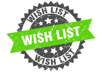wish list stamp. grunge round sign with ribbon