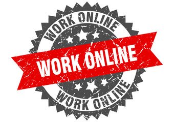 work online stamp. grunge round sign with ribbon