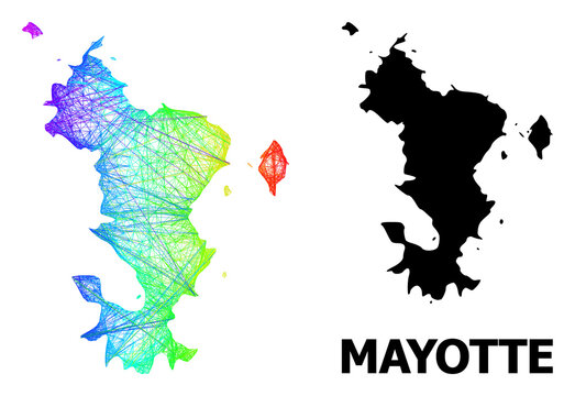 Wire frame and solid map of Mayotte Islands. Vector structure is created from map of Mayotte Islands with intersected random lines, and has rainbow gradient.
