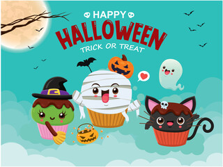 Vintage Halloween poster design with vector witch, mummy, ghost, cat cupcake character. 