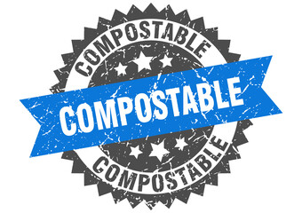 compostable stamp. grunge round sign with ribbon