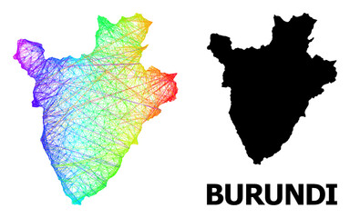 Wire frame and solid map of Burundi. Vector model is created from map of Burundi with intersected random lines, and has rainbow gradient. Abstract lines form map of Burundi.