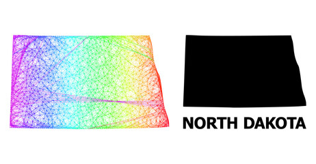 Wire frame and solid map of North Dakota State. Vector structure is created from map of North Dakota State with intersected random lines, and has bright spectral gradient.