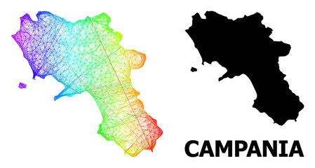Wire frame and solid map of Campania region. Vector model is created from map of Campania region with intersected random lines, and has rainbow gradient.