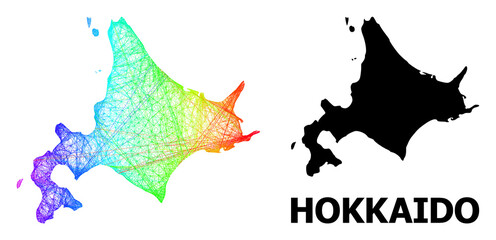 Wire frame and solid map of Hokkaido Island. Vector model is created from map of Hokkaido Island with intersected random lines, and has rainbow gradient. Abstract lines form map of Hokkaido Island. - obrazy, fototapety, plakaty