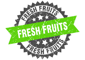 fresh fruits stamp. grunge round sign with ribbon