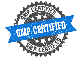 gmp certified stamp. grunge round sign with ribbon