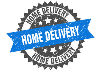 home delivery stamp. grunge round sign with ribbon