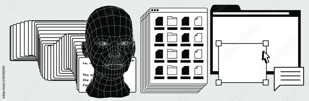 Poster Retrofuturistic vector collage of user interface elements and 3D head in cartoon simple style. Vaporwave and cyberpunk aesthetics of 80's - 90's.