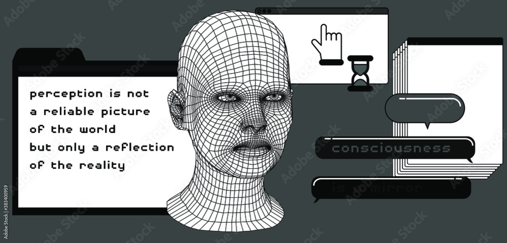 Poster retrofuturistic vector collage of user interface elements and 3d head in cartoon simple style. vapor
