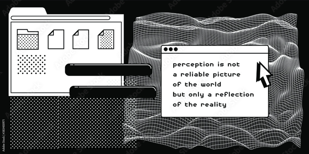 Poster Data visualization and infographics template. Collage of user interface elements and glitched surface. 