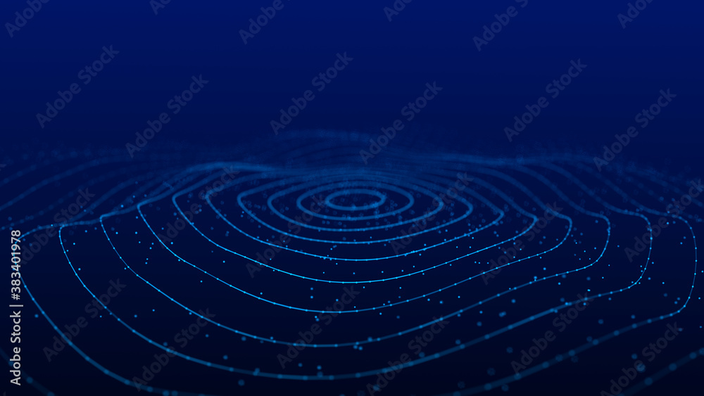 Poster Wave of particles. Abstract background with a dynamic wave. Futuristic wave of blue dots. Futuristic particles background. Big data visualization. 3D rendering.
