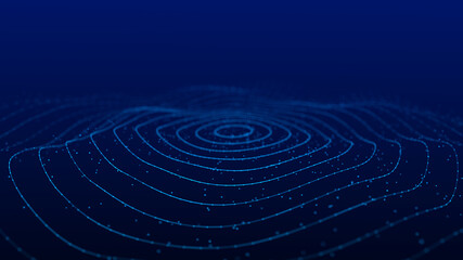 Wave of particles. Abstract background with a dynamic wave. Futuristic wave of blue dots. Futuristic particles background. Big data visualization. 3D rendering.