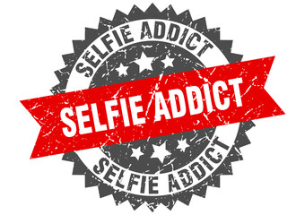 Obraz premium selfie addict stamp. grunge round sign with ribbon