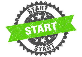 start stamp. grunge round sign with ribbon