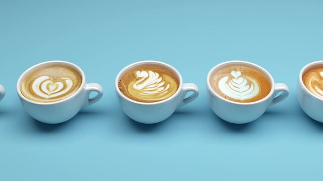 Animation one row a cup of Latte art coffee on blue background. 3D animation 4K.