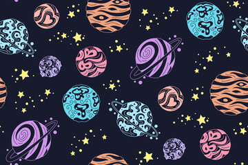 Planets seamless pattern. Colorful doodle solar system, dark background. Astronomical observatory. Moon mercury venus earth mars jupiter saturn neptun. Vector astronomy galaxy space © neliakott